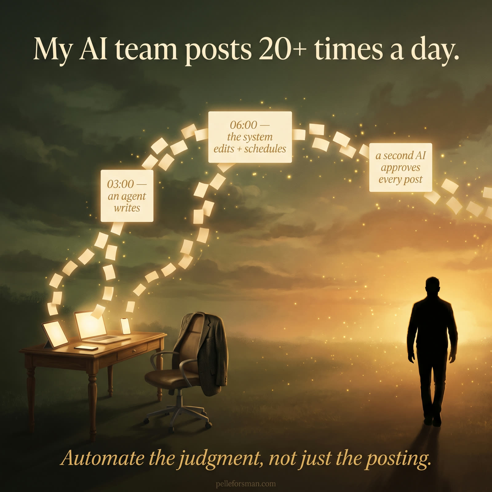 Nine posts a day stream from an empty desk while I walk away